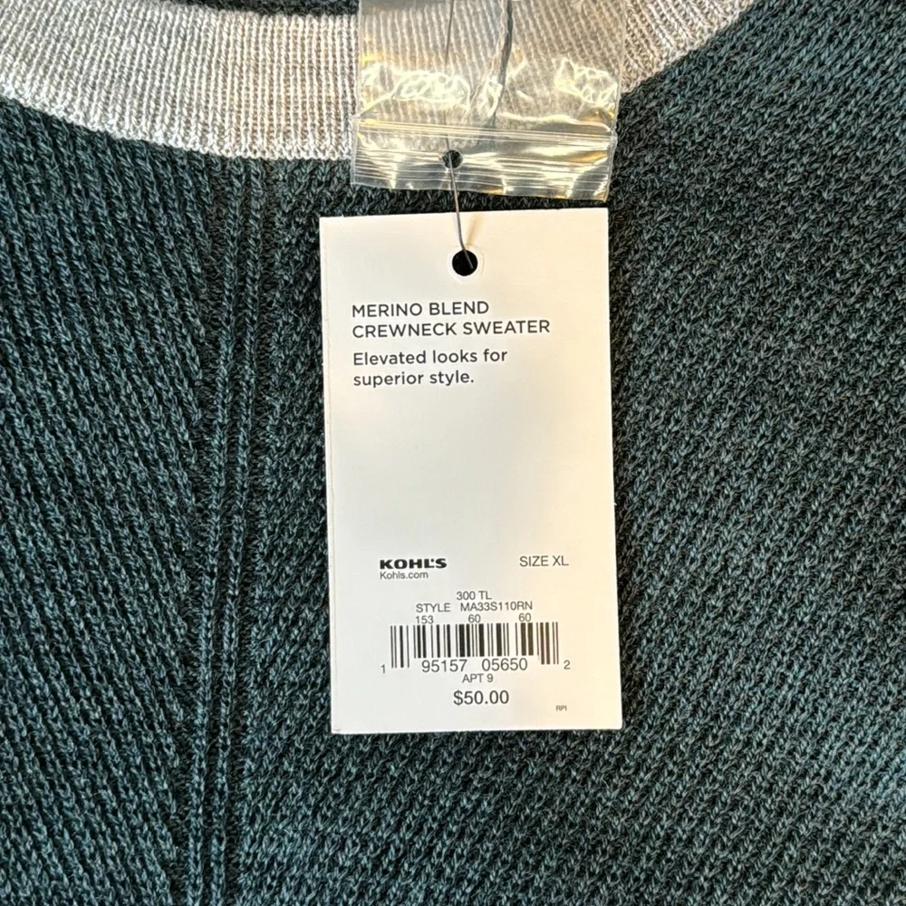 NWT Apartment 9 Men’s Green/Gray Merino Wool‎ Blend Crewneck Sweater in Size XL
